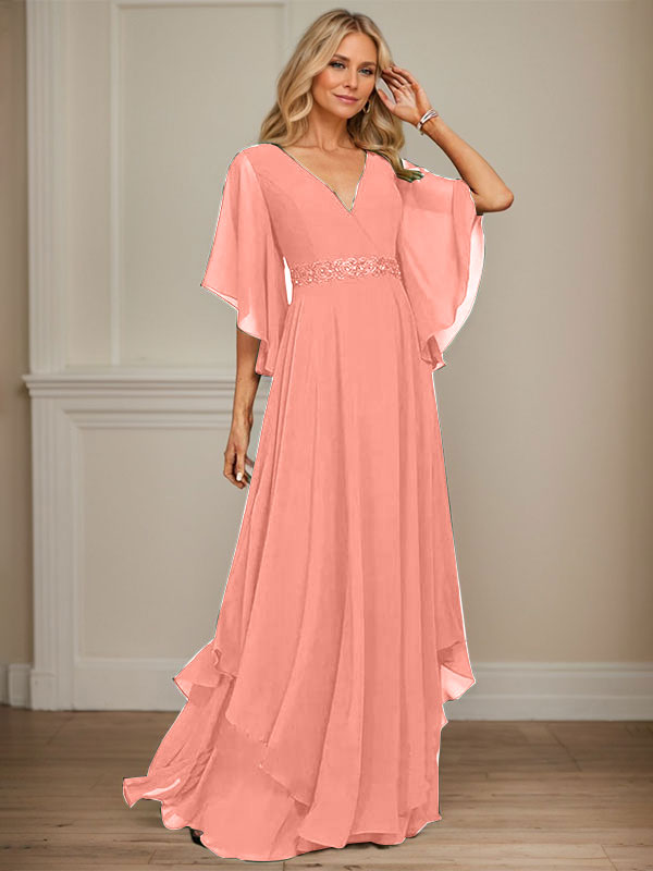 A-line V-Neck Floor-Length Chiffon Mother of the Bride Dress With Sequins Appliques Lace Beading