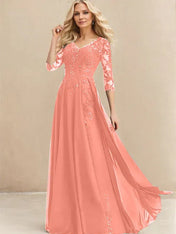 A-line V-Neck Floor-Length Lace Chiffon Mother of the Bride Dress With Sequins