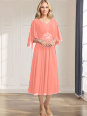 A-line V-Neck Tea-Length Chiffon Mother of the Bride Dress With Pleated Sequins Appliques Lace Beadind