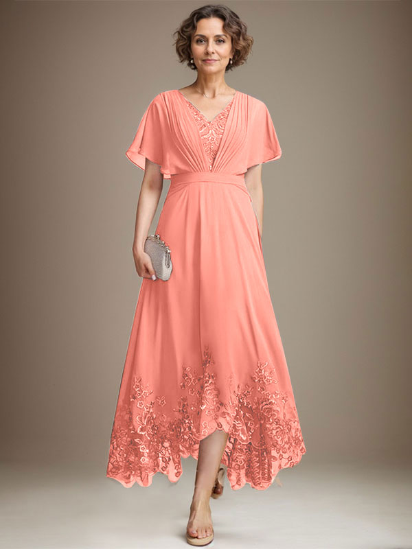 A-line V-Neck Asymmetrical Lace Chiffon Mother of the Bride Dress With Pleated