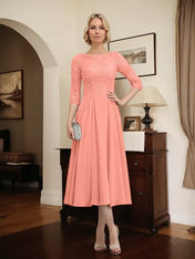 A-line Scoop Illusion Tea-Length Chiffon Lace Mother of the Bride Dress With Beading Sequins