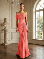 One Shoulder Pleat Mermaid Chiffon Evening Dresses for Women Gown