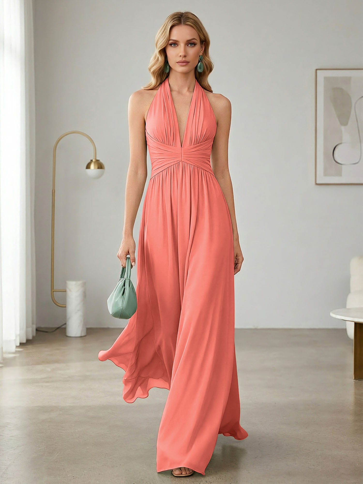 Elegant Sage Green Halter Chiffon Maxi Gown