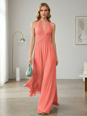 Elegant Sage Green Halter Chiffon Maxi Gown