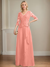 A-line V-Neck Floor-Length Lace Chiffon Mother of the Bride Dress With Cascading Ruffles Sequins