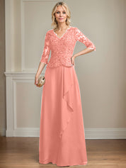A-line V-Neck Floor-Length Lace Chiffon Mother of the Bride Dress With Cascading Ruffles Sequins