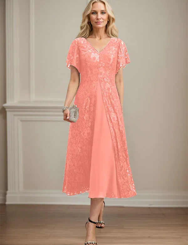 A-line V-Neck Tea-Length Lace Chiffon Mother of the Bride Dress