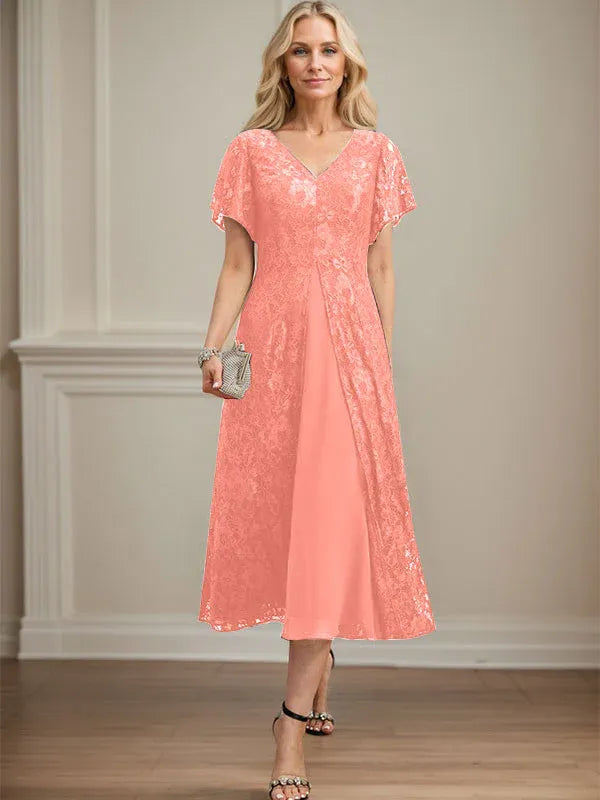Robe de mère de la mariée en mousseline de soie, coupe trapèze, col en V et longueur thé 