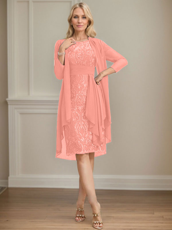 Column Scoop Illusion Knee-Length Lace Chiffon Mother of the Bride Dress With Cascading Ruffles Sequins