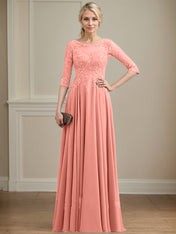 A-line Scoop Illusion Floor-Length Lace Chiffon Mother of the Bride Dress With Sequins
