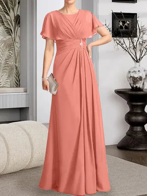 A-line Scoop Floor-Length Chiffon Mother of the Bride Dress With Pleated Beading