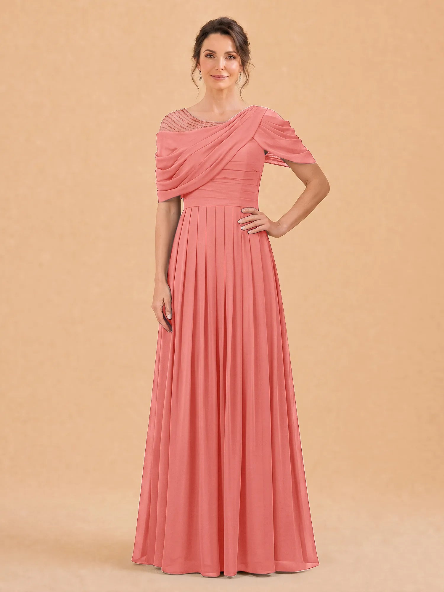 One-Shoulder Cape Overlay Chiffon Mother of the Bride Dress