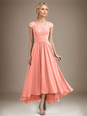 A-line Scoop Illusion Asymmetrical Lace Chiffon Mother of the Bride Dress With Pleated