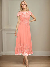 A-line Illusion Scoop Tea-Length Lace Chiffon Mother of the Bride Dress With Sequins