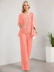 Separates Jumpsuit/Pantsuit Scoop Floor-Length Lace Chiffon Mother of the Bride Dress With Sequins