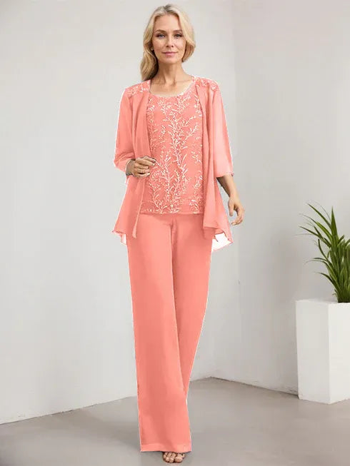 Pantsuit Scoop Floor-Length Lace Chiffon Mother of the Bride Dress With Sequins