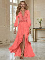 Elegant Beige Chiffon V-neck With Rhinestone Embellishments And A Side Slit Maxi Dress