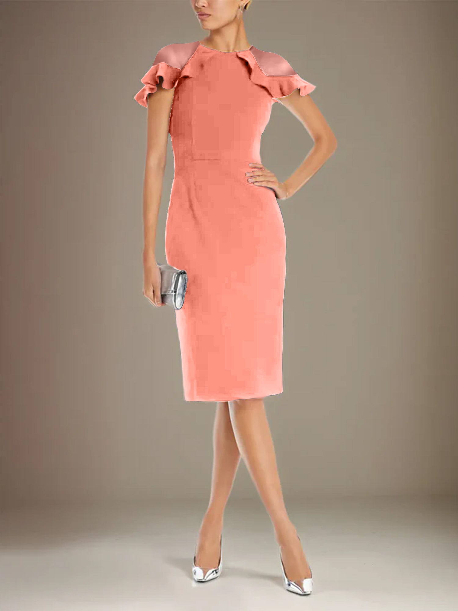 Column Stretch Crepe Scoop Short Sleeves Knee Length Dress