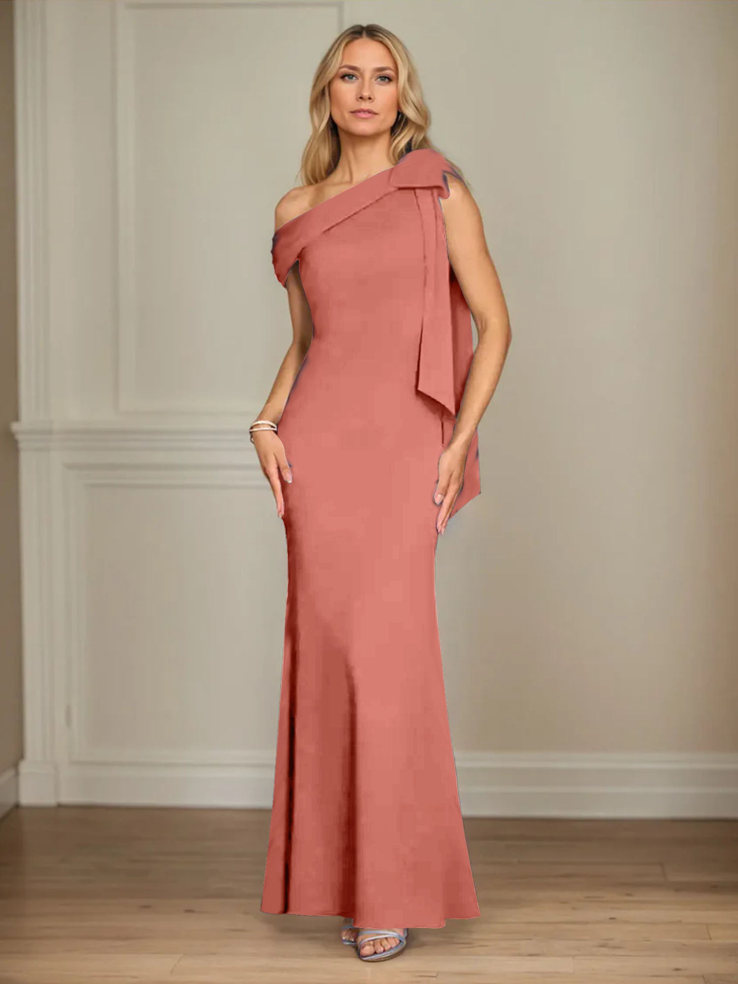 Mermaid One Shoulder Sleeveless Stretch Crepe Mother of the Bride Dress With Bow