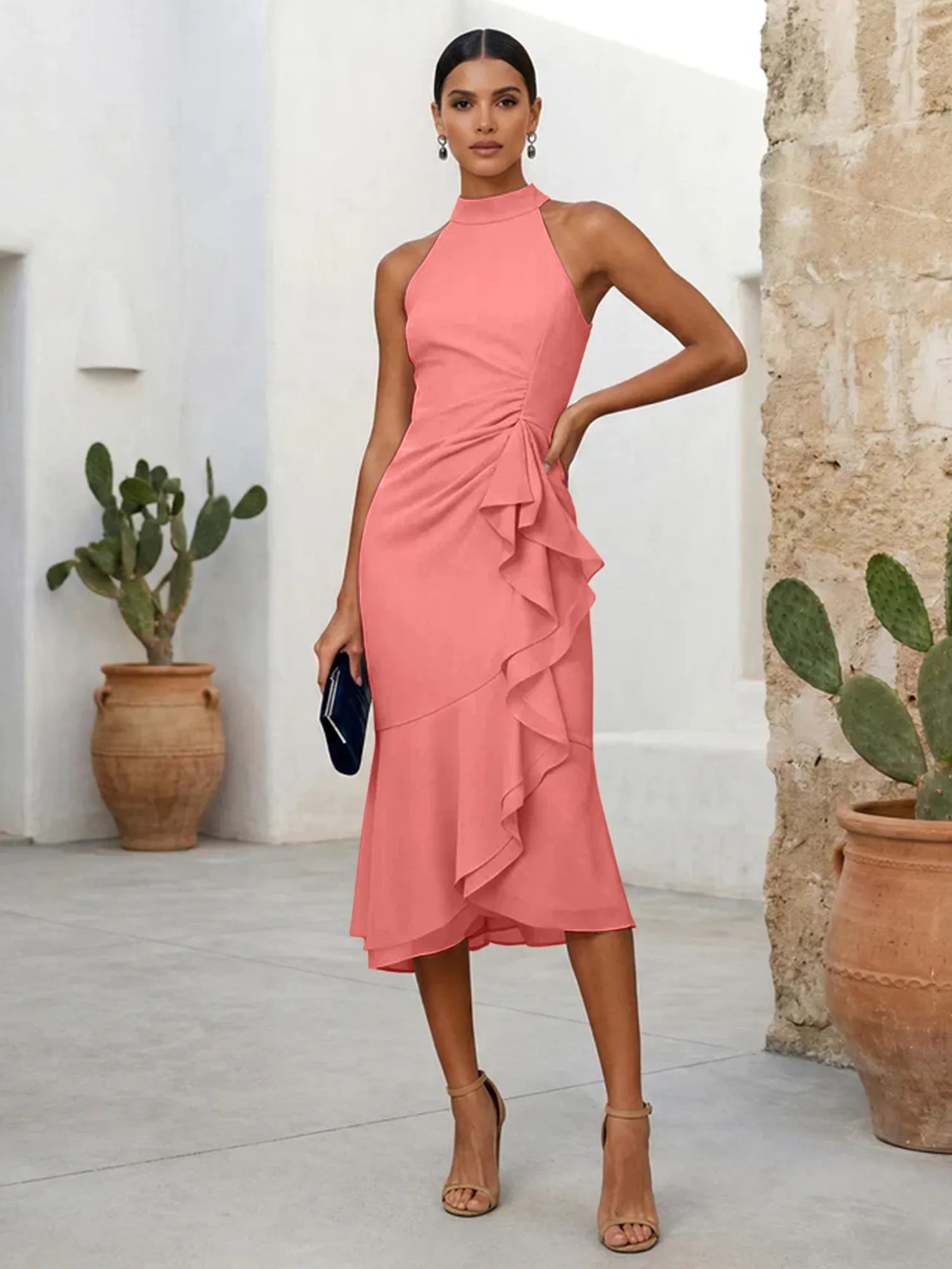 Pink High Neck Chiffon Mermaid Tea Length Evening Dress with Ruffle