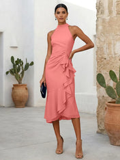 Pink High Neck Chiffon Mermaid Tea Length Evening Dress with Ruffle