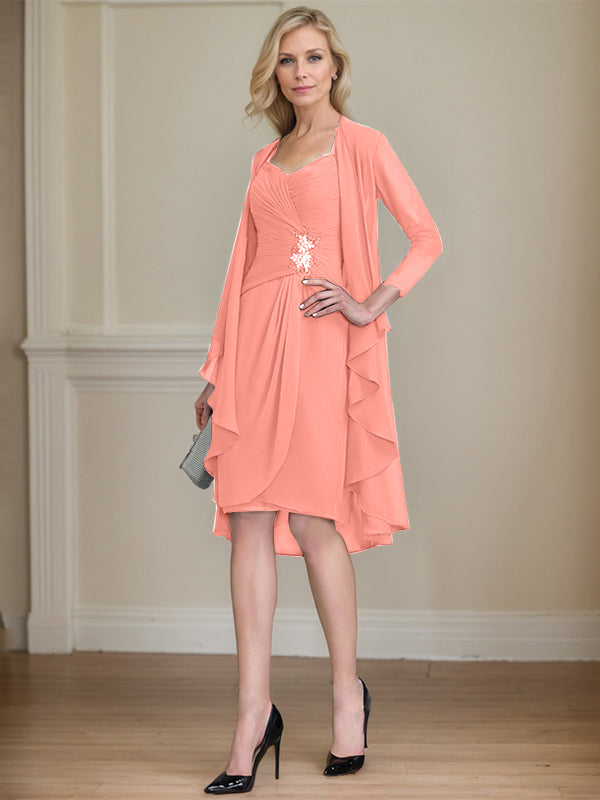 Column Sweetheart Knee-Length Chiffon Mother of the Bride Dress With Beading Appliques Lace Sequins Pleated