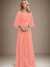 A-line V-Neck Floor-Length Chiffon Mother of the Bride Dress With Cascading Ruffles Crystal Brooch