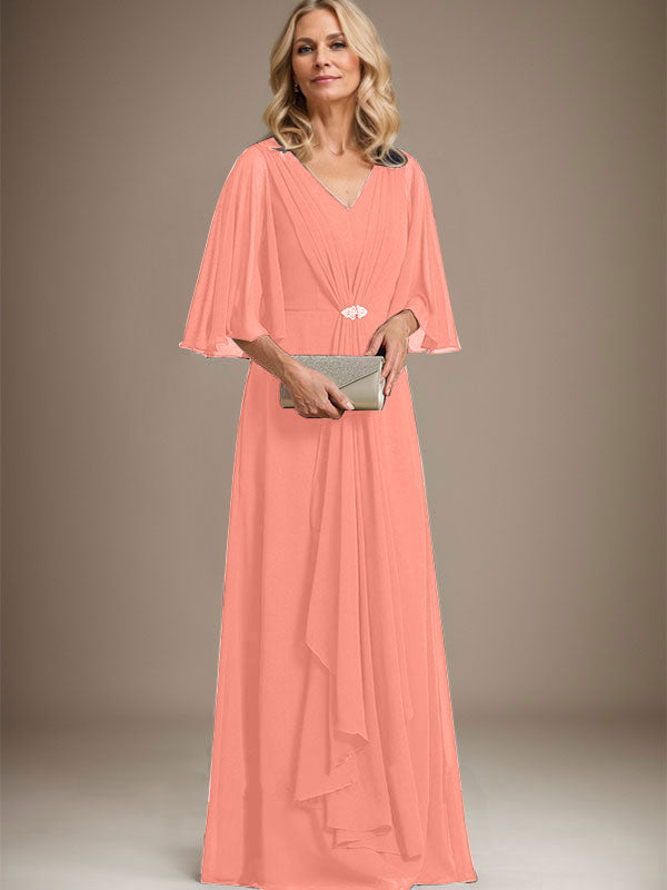 A-line V-Neck Floor-Length Chiffon Mother of the Bride Dress With Cascading Ruffles Crystal Brooch