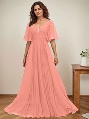 A-line V-Neck Floor-Length Chiffon Mother of the Bride Dress With Sequins Appliques Lace Pleated