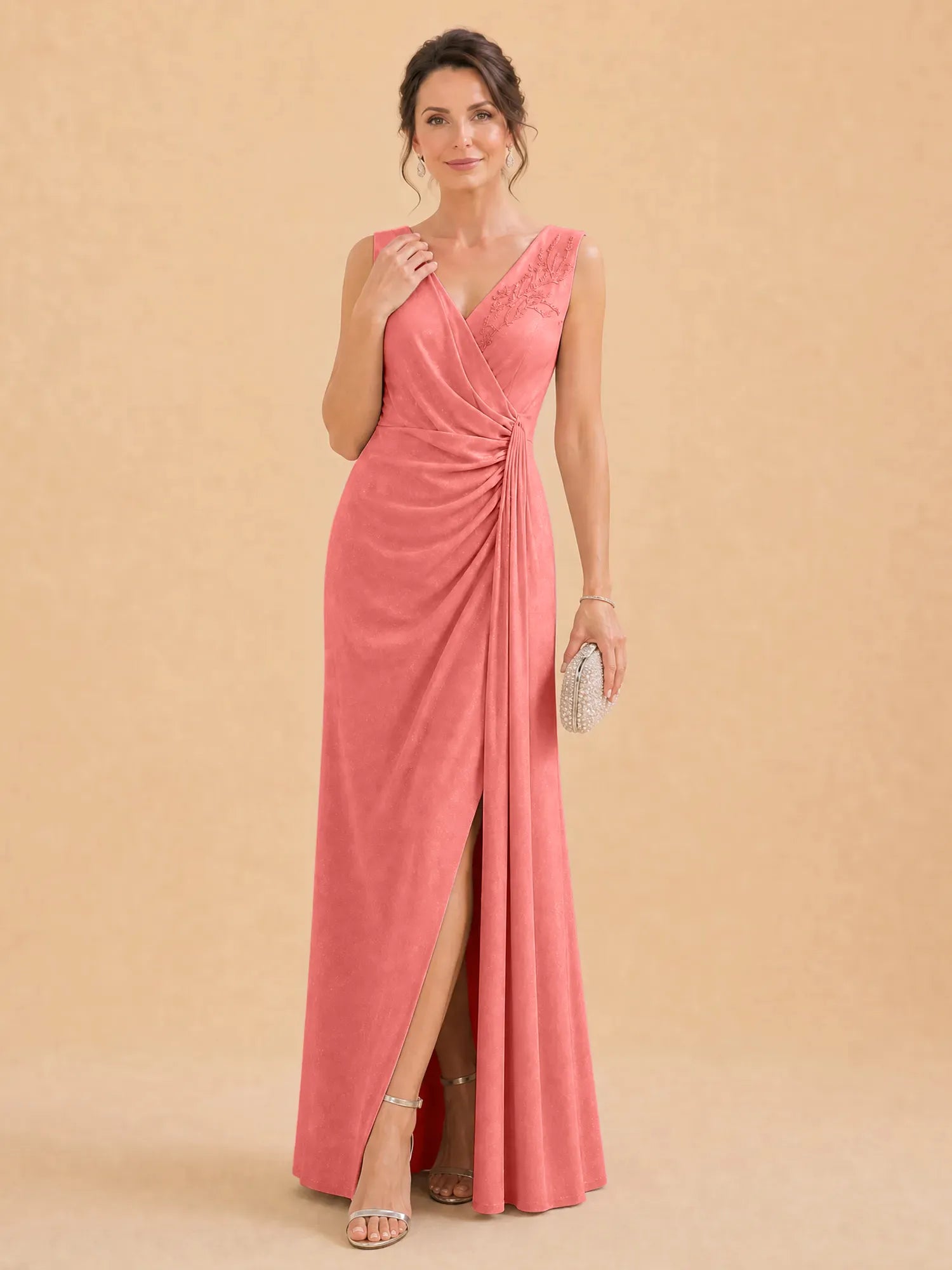 V-Neck Faux-Wrap Evening Gown with Side Draping Mother of The Bride Dresses