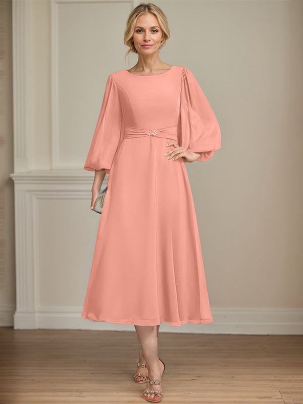 A-line Scoop Tea-Length Chiffon Mother of the Bride Dress With Crystal Brooch Pleated