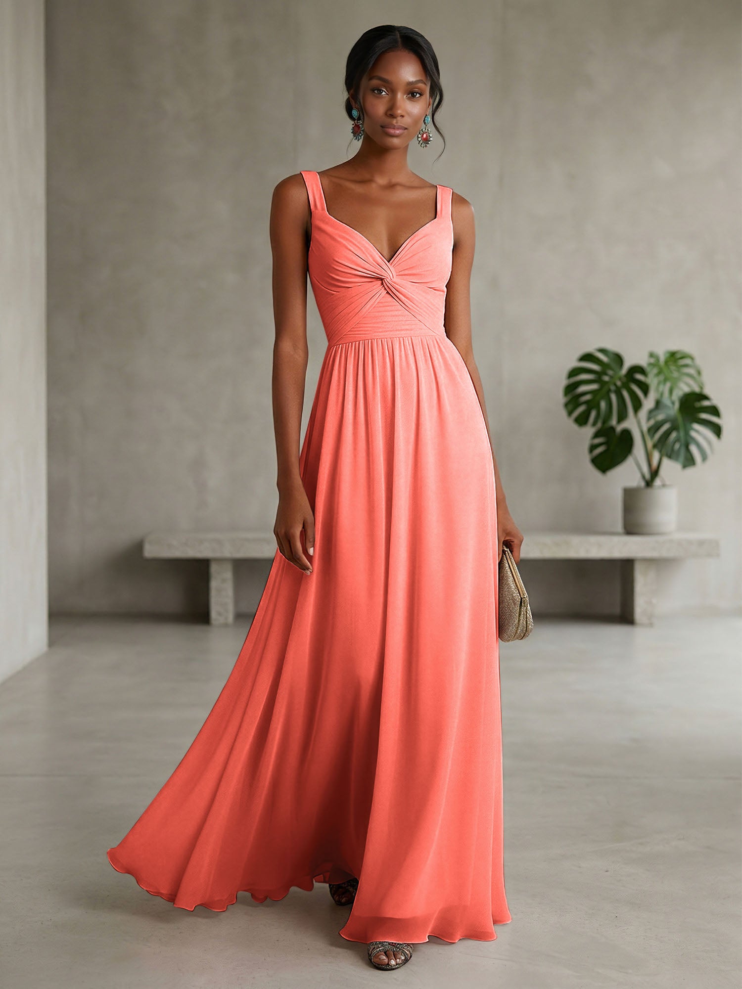 Elegant Soft Blush Twist-Front Chiffon Maxi Gown