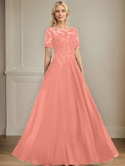 A-line Scoop Illusion Floor-Length Chiffon Lace Mother of the Bride Dress With Sequins Beading
