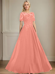 A-line Scoop Illusion Floor-Length Chiffon Lace Mother of the Bride Dress With Sequins Beading