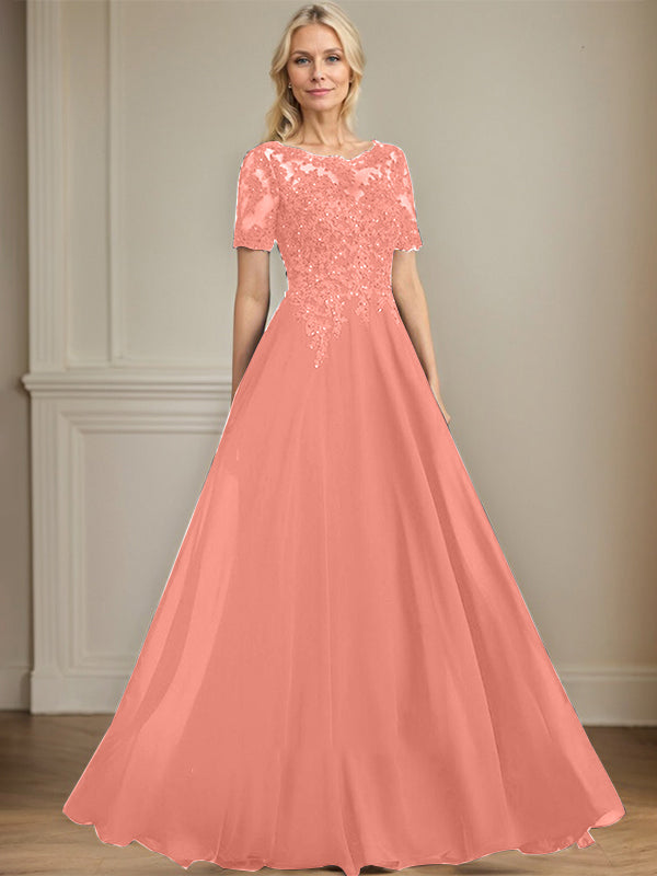 A-line Scoop Illusion Floor-Length Chiffon Lace Mother of the Bride Dress With Sequins Beading