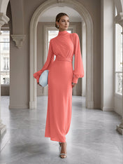 Ice Blue High-Neck Bishop Sleeve Gown Foraml Evening Dress