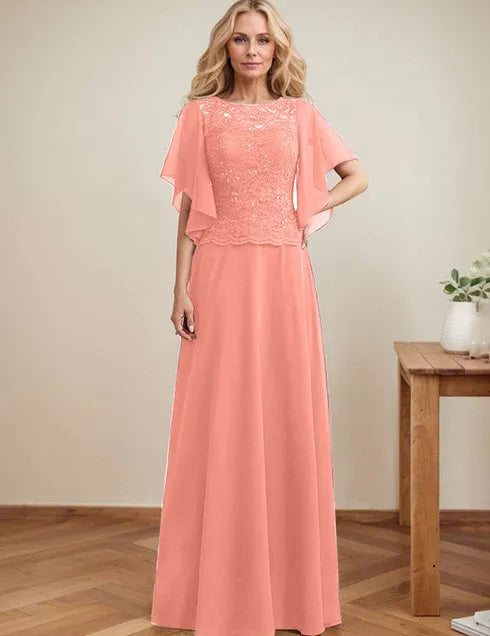 A-line Scoop Illusion Floor-Length Lace Chiffon Mother of the Bride Dress With Sequins