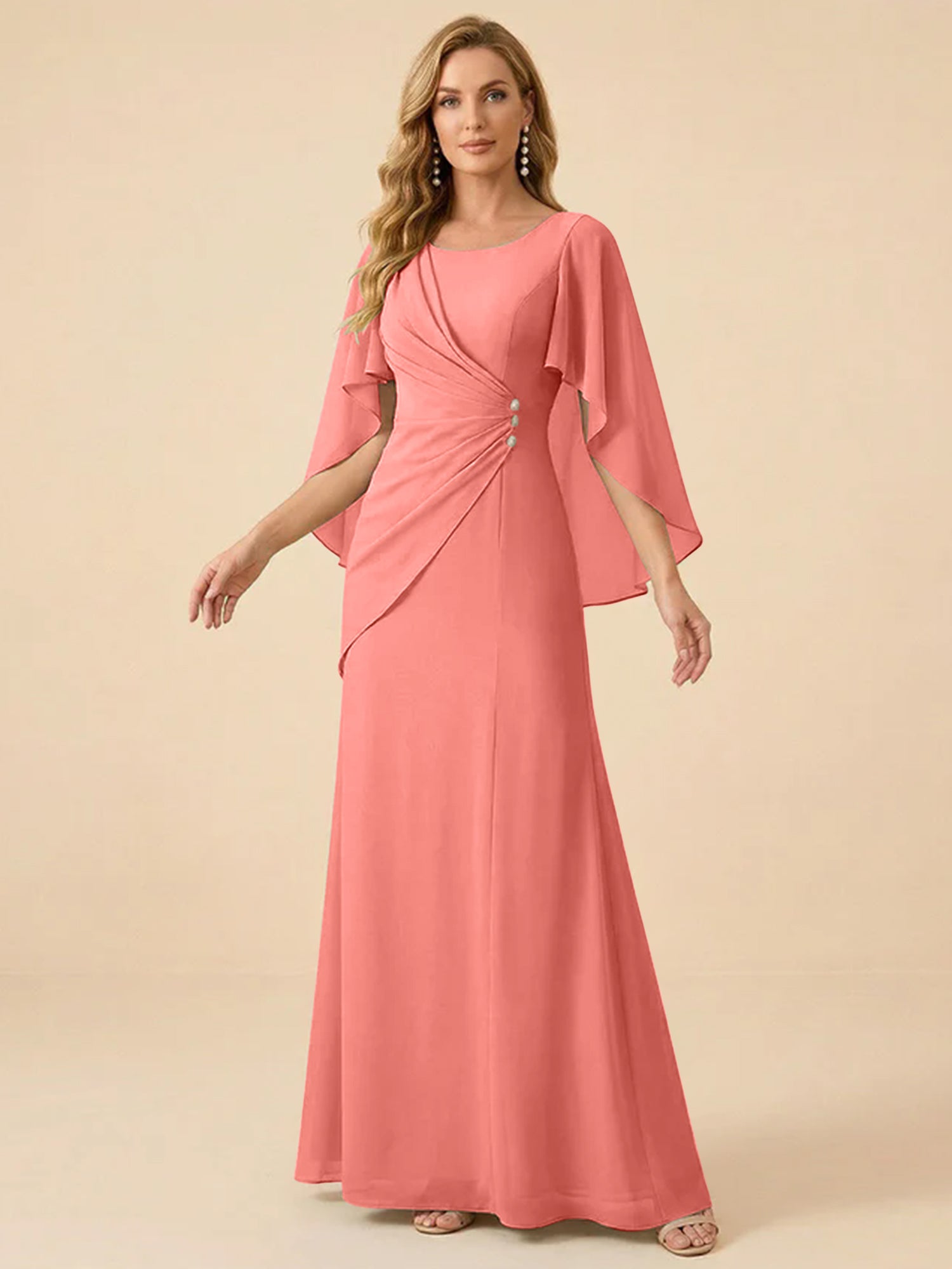 Sage Green Chiffon Beaded Mother of the Bride Dress with Cape Sleeves