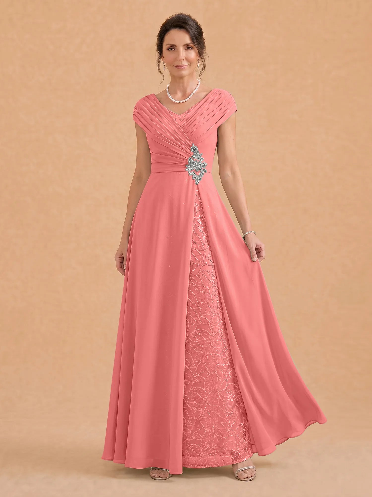 V-Neck Ruched Chiffon A-Line Mother of the Bride Dress with Crystal Brooch