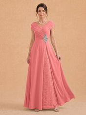 V-Neck Ruched Chiffon A-Line Mother of the Bride Dress with Crystal Brooch