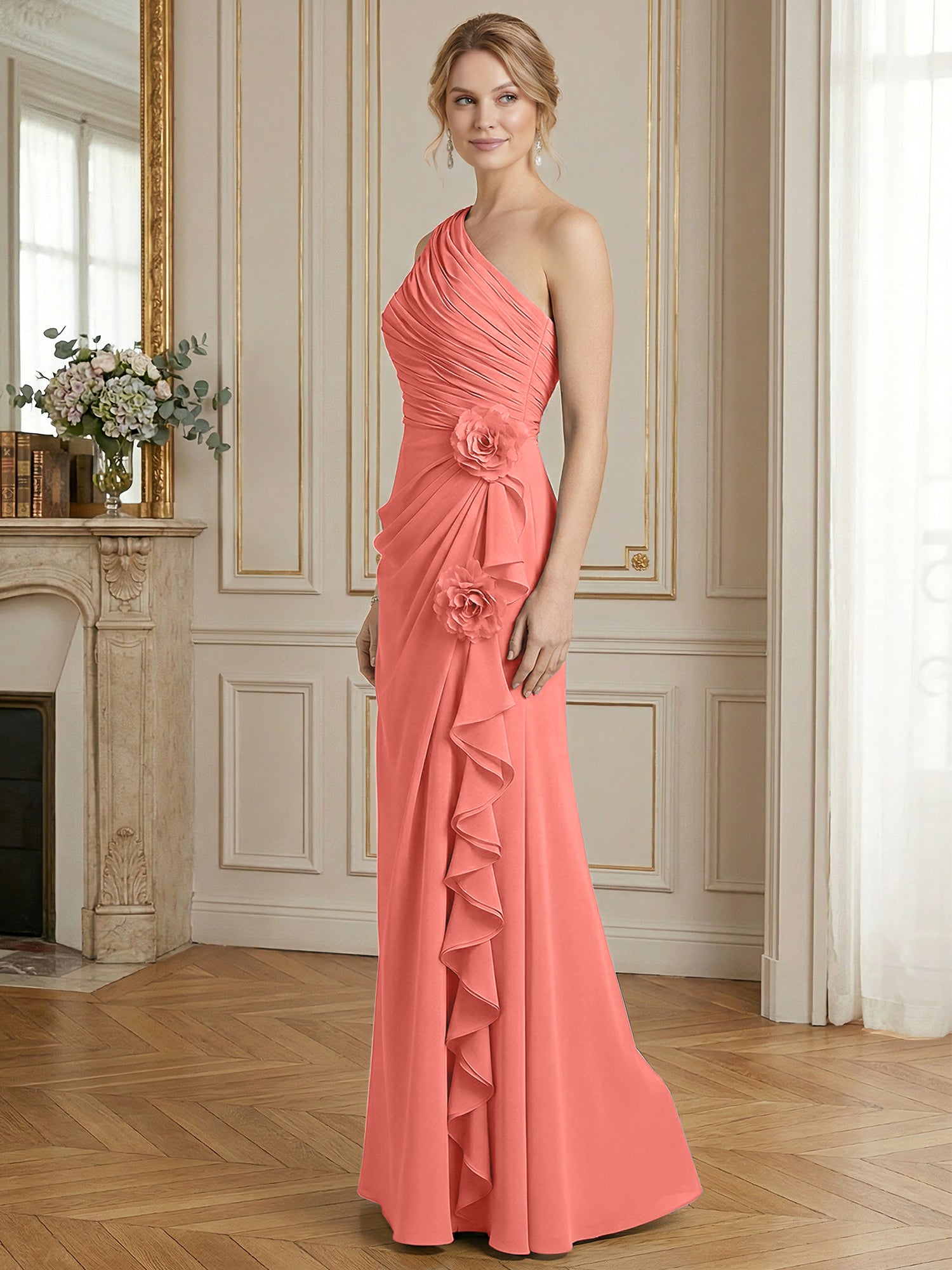 Dusty Blue One-Shoulder Ruched Floral Maxi Dress Gown