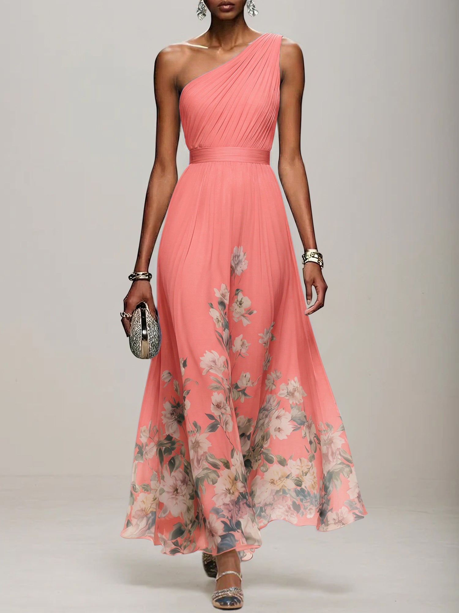 Light Blue Floral Chiffon One Shoulder Sleeveless A-Line Maxi Dress Gown