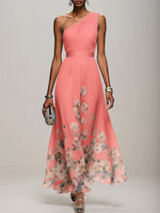 Light Blue Floral Chiffon One Shoulder Sleeveless A-Line Maxi Dress Gown