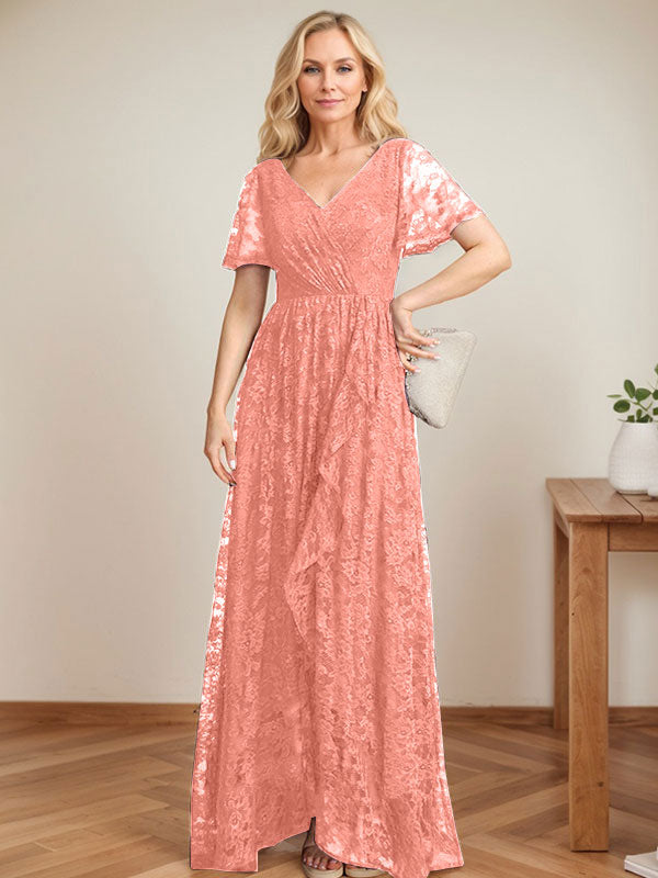A-Line V-Neck Asymmetrical Lace Mother of the Bride Dress With Cascading Ruffles