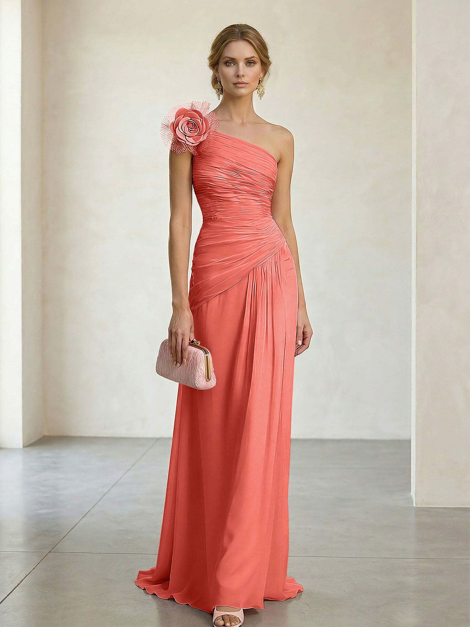 Blush Pink One-Shoulder Ruched 3D Floral Gown Dress