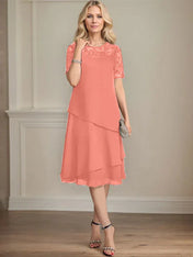 A-line Scoop Illusion Knee-Length Lace Chiffon Mother of the Bride Dress With Sequins