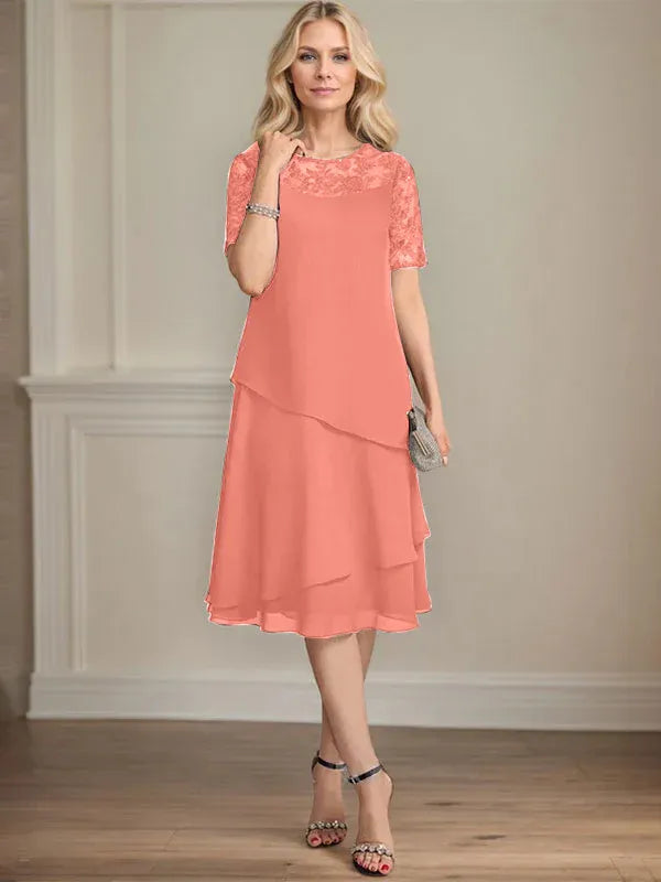 A-line Scoop Illusion Knee-Length Lace Chiffon Mother of the Bride Dress With Sequins