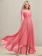 A-line Scoop Illusion Asymmetrical Lace Chiffon Mother of the Bride Dress With Pleated Sequins