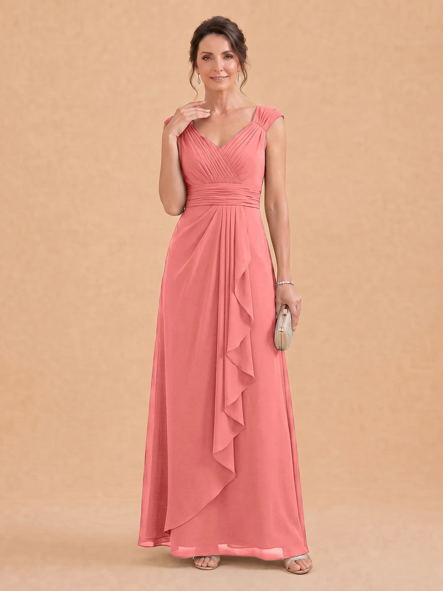 V-Neck Ruched Chiffon A-Line Mother of the Bride Dress with Cascading Ruffle