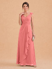 V-Neck Ruched Chiffon A-Line Mother of the Bride Dress with Cascading Ruffle